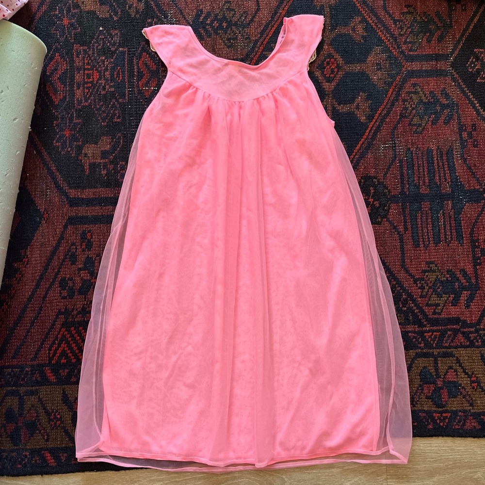 Vintage Pink Nylon Nightgown Sheer Mesh Overlay Lace Trim Babydoll Small - Picture 6 of 6